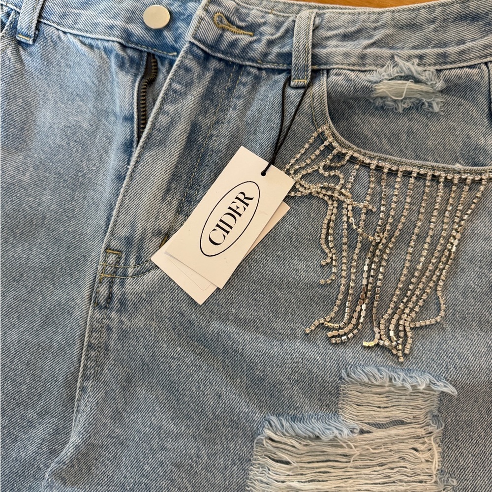 Cider Light Blue Denim Shorts with Fringe and Bead Detail - Picture 4 of 5